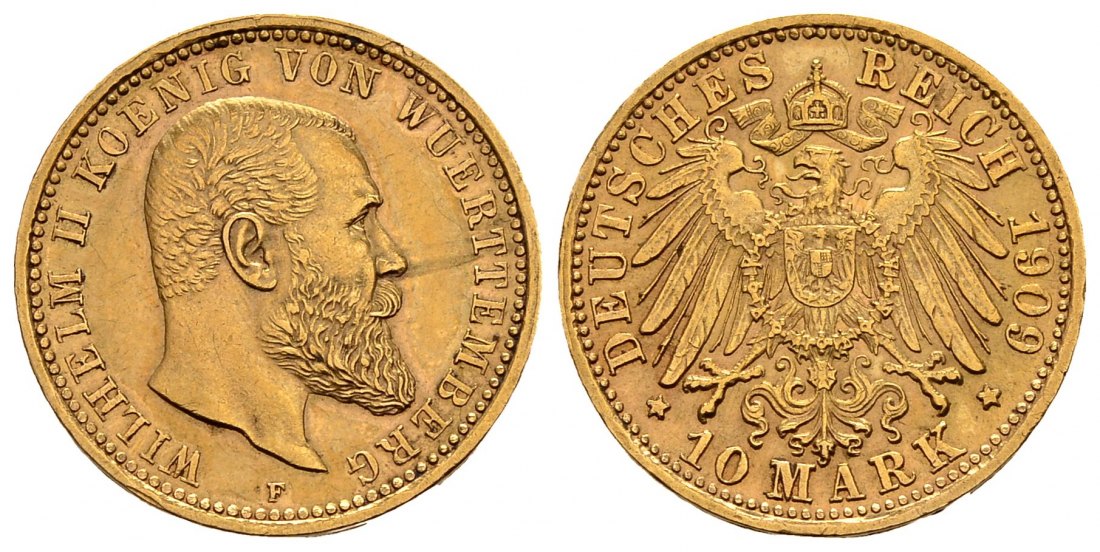 PEUS 2206 Kaiserreich - Württemberg 3,58 g Feingold. Wilhelm II. (1891 - 1918) 10 Mark GOLD 1909 F Stuttgart Kl. Randfehler, vorzüglich