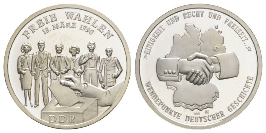  DDR Freie Wahlen 18. März 1990; Medaille AG 999, 8,62 g, Ø 30 mm   