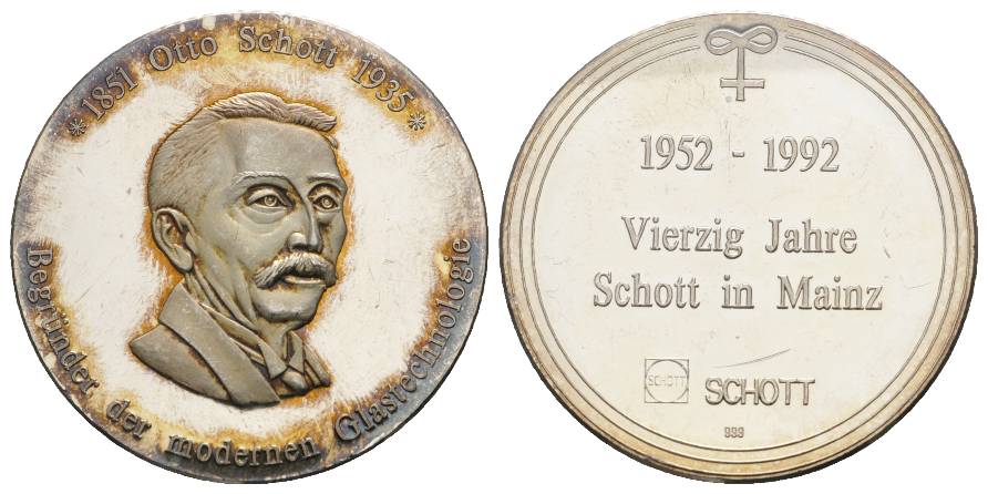  Medaille, 1952-1992 40 Jahre Schott in Mainz; AG 999; 19,55 g, Ø 40 mm   
