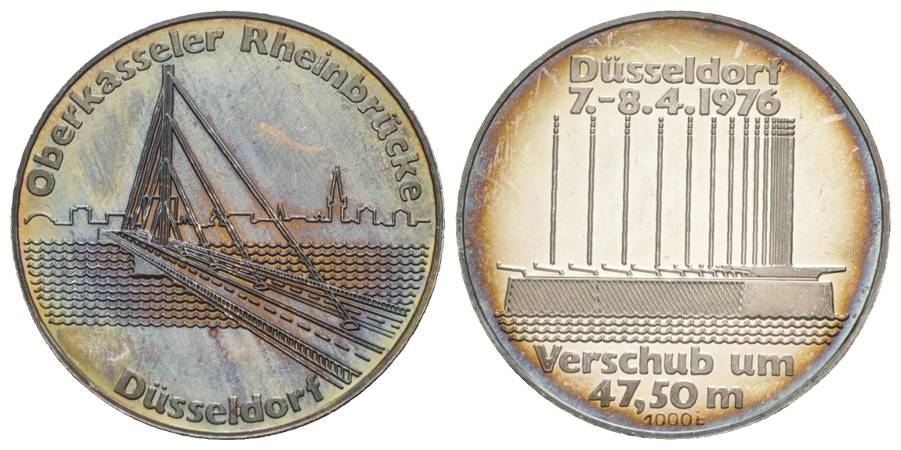  Medaille; Oberkasseler Rheinbrück Düsseldorf - Verschub um 47,50 m 1976; AG 1.000; 15,04 g, Ø 35 mm   