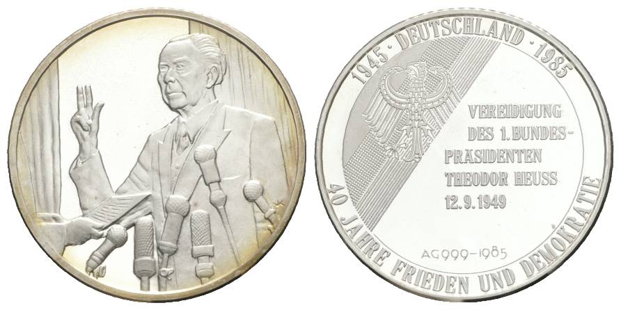  Medaille; 1945-Deutschland-1985 - 40 Jahre Frieden und Demokratie; AG 999 PP; 14,5 g, Ø 34 mm   