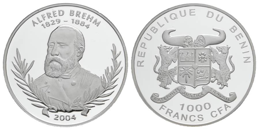 1000 Francs 2004 Benin, Silbergedenkmünze Alfred Brehm, PP; 15 g; Ø 35 mm   