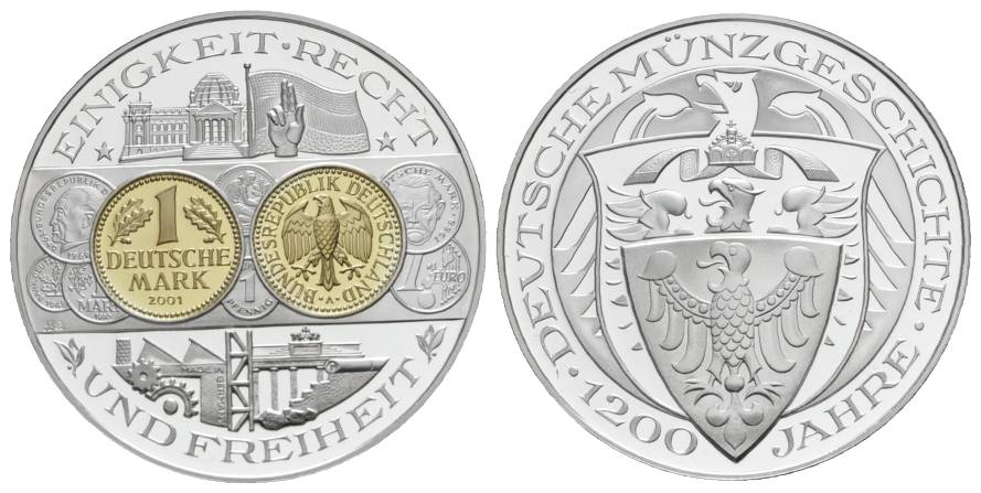  BRD; 1200 Jahre Deutsche Münzgeschichte; Medaille 2001; PP 999 AG,  Ø 40 mm, 20 g   