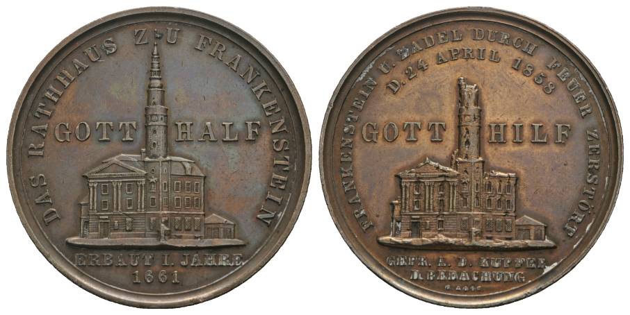  Bronzemedaille 1858; Das Rathaus zu Frankenstein erbaut i. Jahre 1661; 30,93 g, Ø 41 mm   