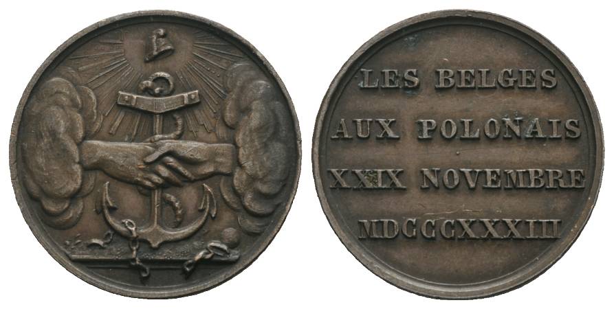  LES BELGES AUX POLONAIS XXIX NOVEMBRE MDCCCXXXIII; Bronzemedaille 1833; 8,05 g, Ø 27 mm   