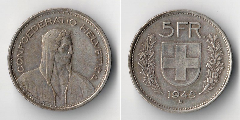  Schweiz  5 Franken  1948  FM-Frankfurt Feinsilber: 12,52g   