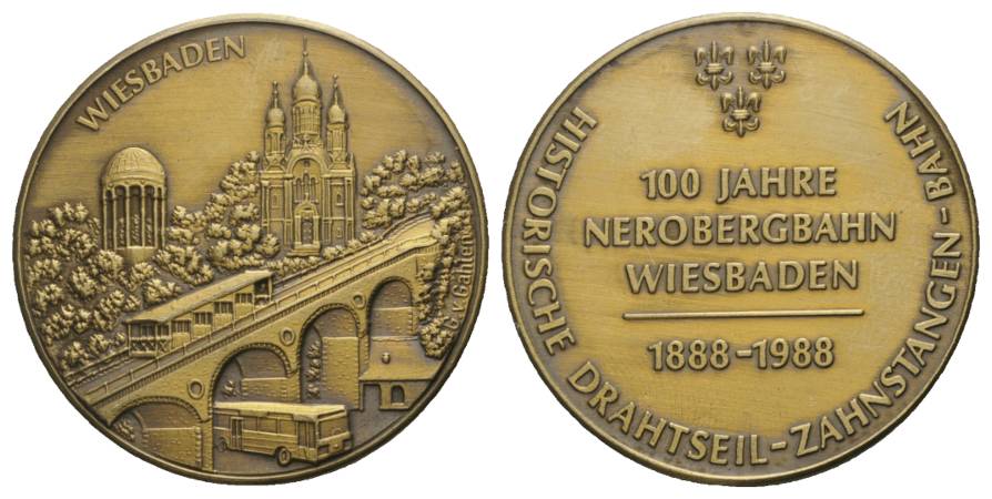  Wiesbaden - 100 Jahre Nerobergbahn; Bronzemedaille 1988; 27,5 g, Ø 40 mm   