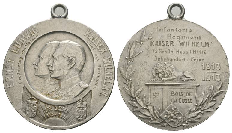  Kaiser Wilhelm II - tragbare Regimentsmedaille 1913; versilbert; 21,3 g, Ø 39 mm   