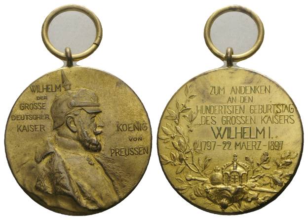  Preussen, Wilhelm I; tragbare vergoldete Medaille 1897; 34,3 g, Ø 39 mm   