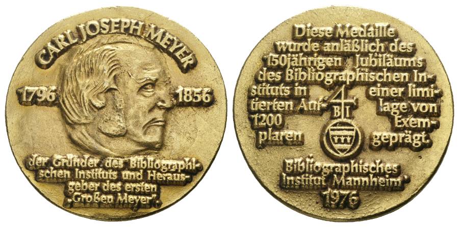  Mannheim ,Bibliographisches Institut; vergoldete Medaille; 1976 68,5 g, Ø 51 mm   