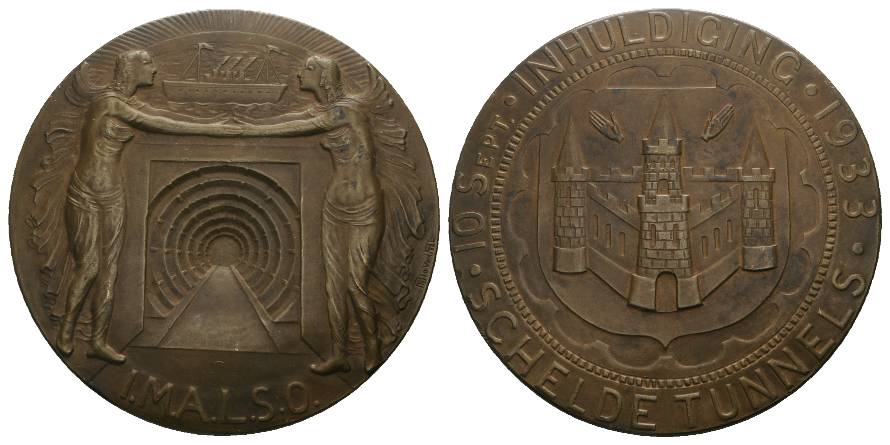  Belgien, Öffnung des Sint Anna Tunnel; Bronzemedaille 1933; 127,68 g, Ø 70 mm   