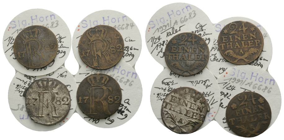  Altdeutschland, 4 Kleinmünzen, Nachahmung 1/24 Taler (1782)   