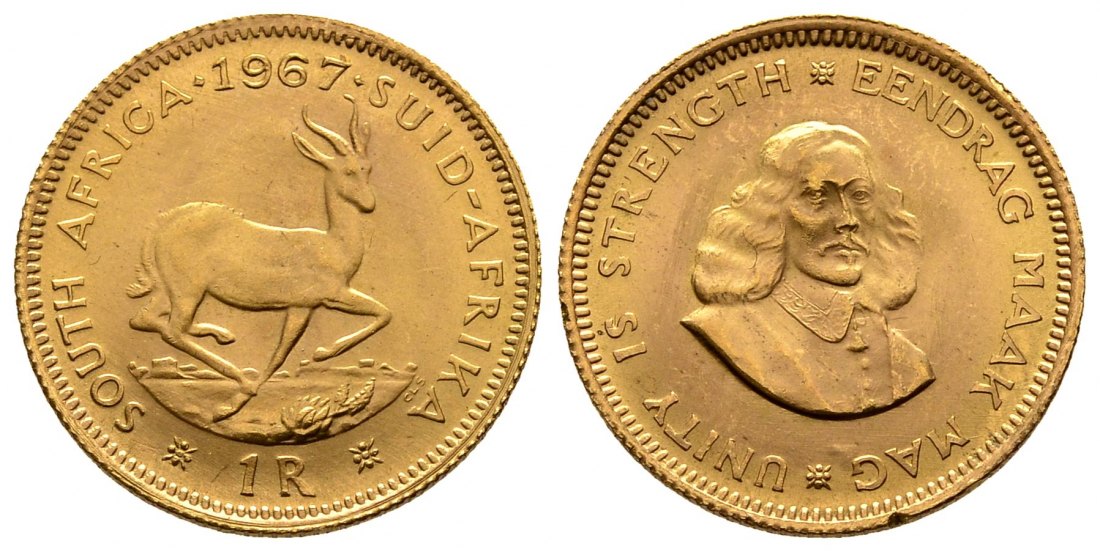 PEUS 2294 Südafrika 3,66 g Feingold 1 Rand GOLD 1967 Kl. Randfehler, fast Stempelglanz