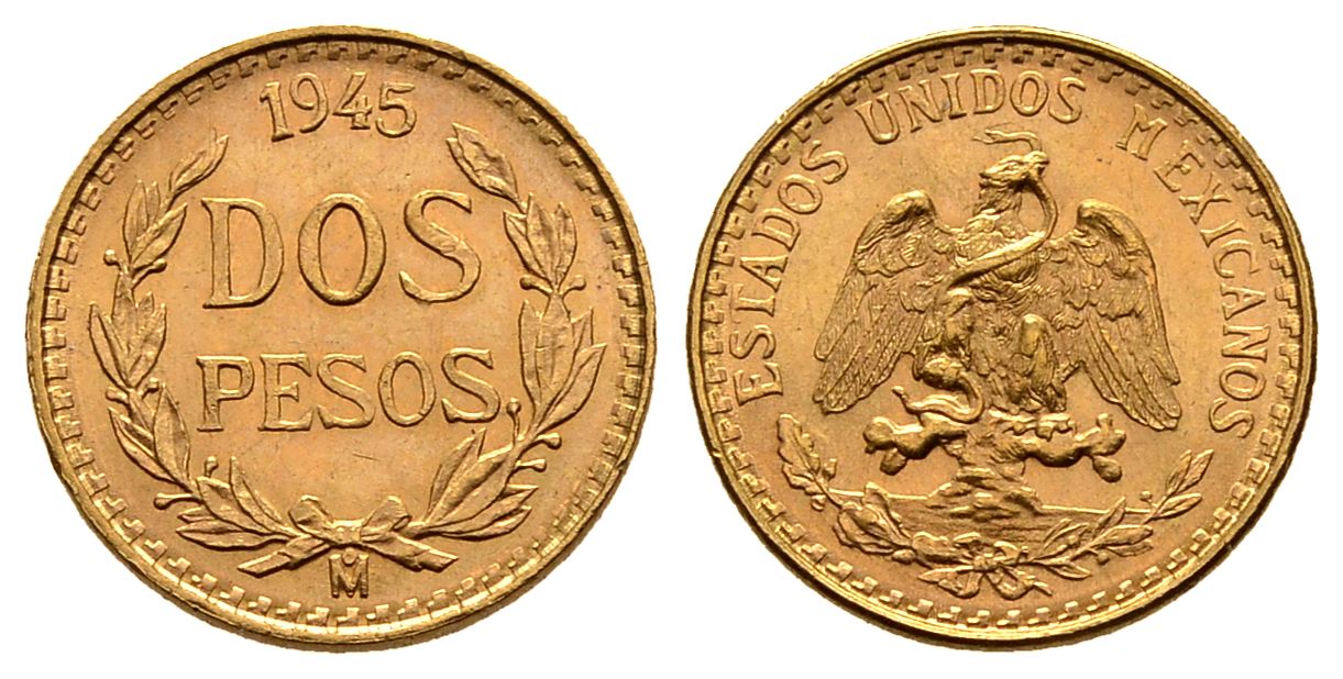 PEUS 2296 Mexiko 1,5 g Feingold 2 Pesos GOLD 1945 M Fast Stempelglanz
