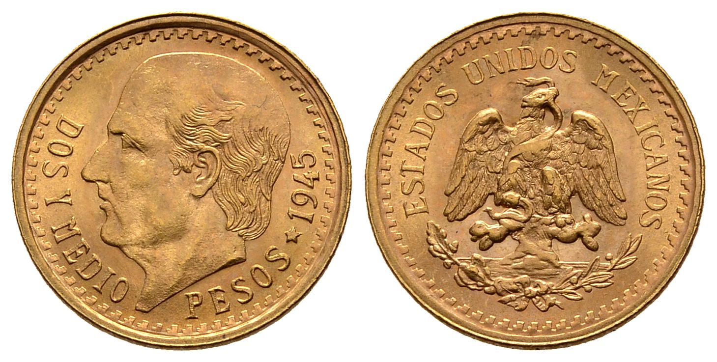 PEUS 2297 Mexiko 1,88 g Feingold. Miguel Hidalgo y Costilla 2 1/2 Pesos GOLD 1945 Stempelglanz