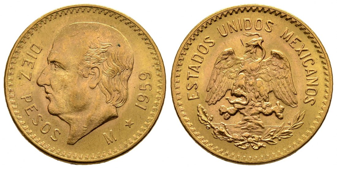 PEUS 2298 Mexiko 7,5 g Feingold. Miguel Hidalgo y Costilla 10 Pesos GOLD 1959 M Kl. Kratzer, Vorzüglich