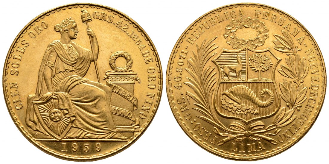 PEUS 2299 Peru 42,13 g Feingold. Wappen - Sitzende Liberty 100 Soles GOLD 1959 Kl. Kratzer, Vorzüglich +