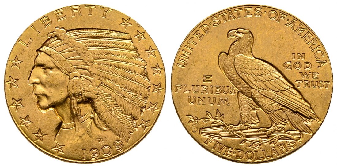 PEUS 2302 USA 7,52 g Feingold. Indian Head 5 Dollars GOLD 1909 Sehr schön +