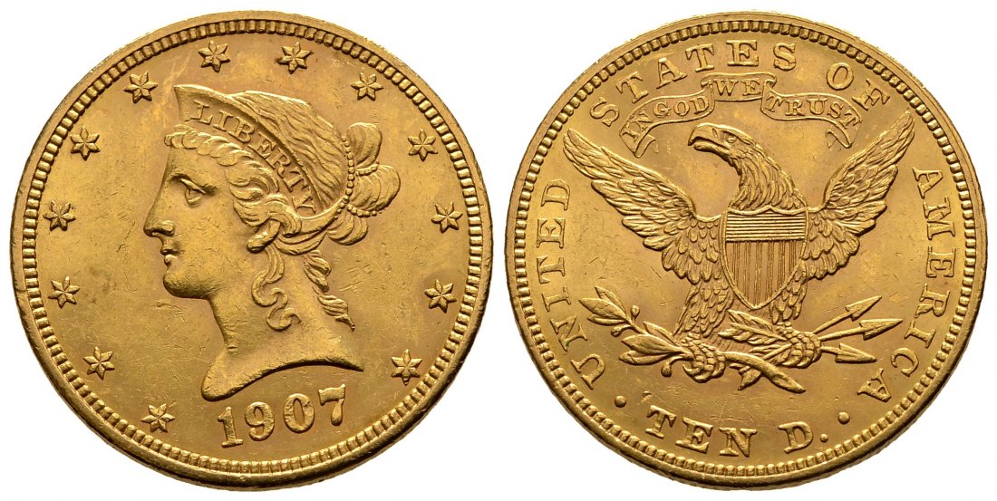 PEUS 2303 USA 15,05 g Feingold. Coronet Head 10 Dollars GOLD 1907 Kl. Kratzer, fast Vorzüglich
