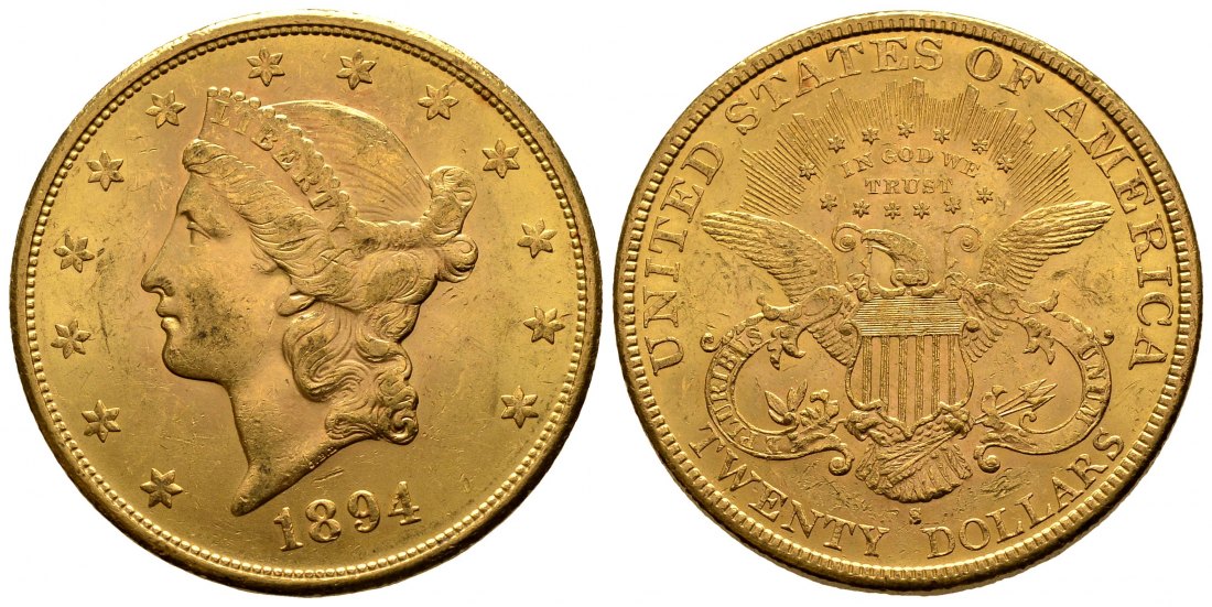 PEUS 2304 USA 30,1 g Feingold. Coronet Head 20 Dollars GOLD 1894 S Kl. Kratzer, Sehr schön +