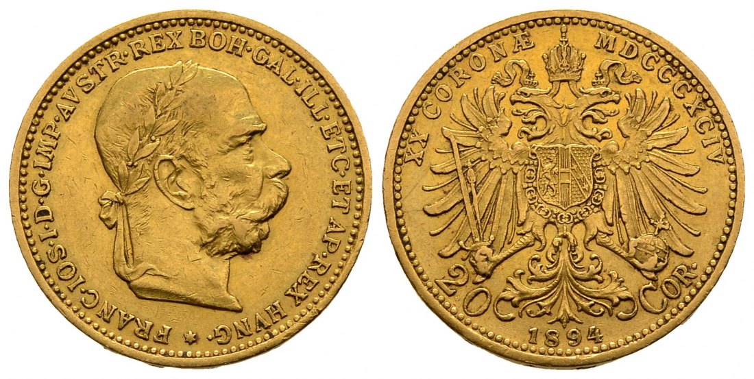 PEUS 2309 Österreich 6,10 g Feingold. Franz Joseph I. (1848 - 1916) 20 Kronen GOLD 1894 Sehr schön