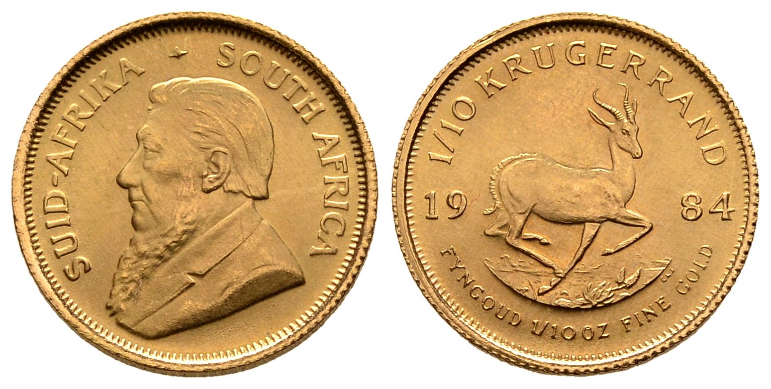 PEUS 2313 Süd-Afrika 3,11 g Feingold 1/10 Krügerrand GOLD 1/10 Unze 1984 Fast Stempelglanz