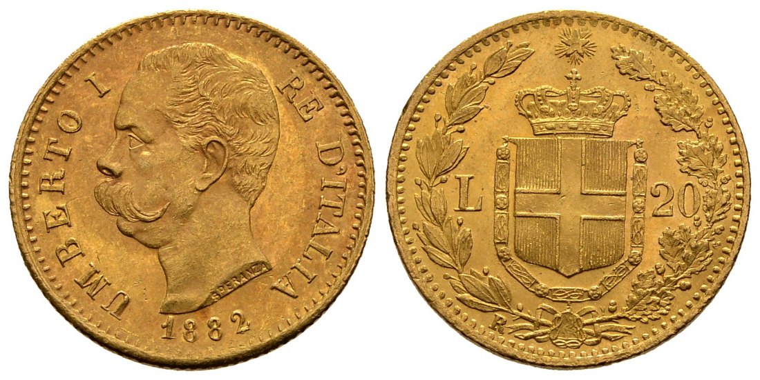 PEUS 2314 Italien 5,81 g Feingold. Umberto I. (1878 - 1900) 20 Lire GOLD 1882 R Rom Kl. Kratzer, fast Vorzüglich