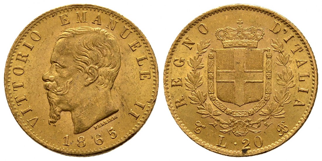 PEUS 2315 Italien Königreich 5,81 g Feingold. Vittorio Emanuelle II. (1849 - 1861) 20 Lire GOLD 1865 T BN Fast Vorzüglich