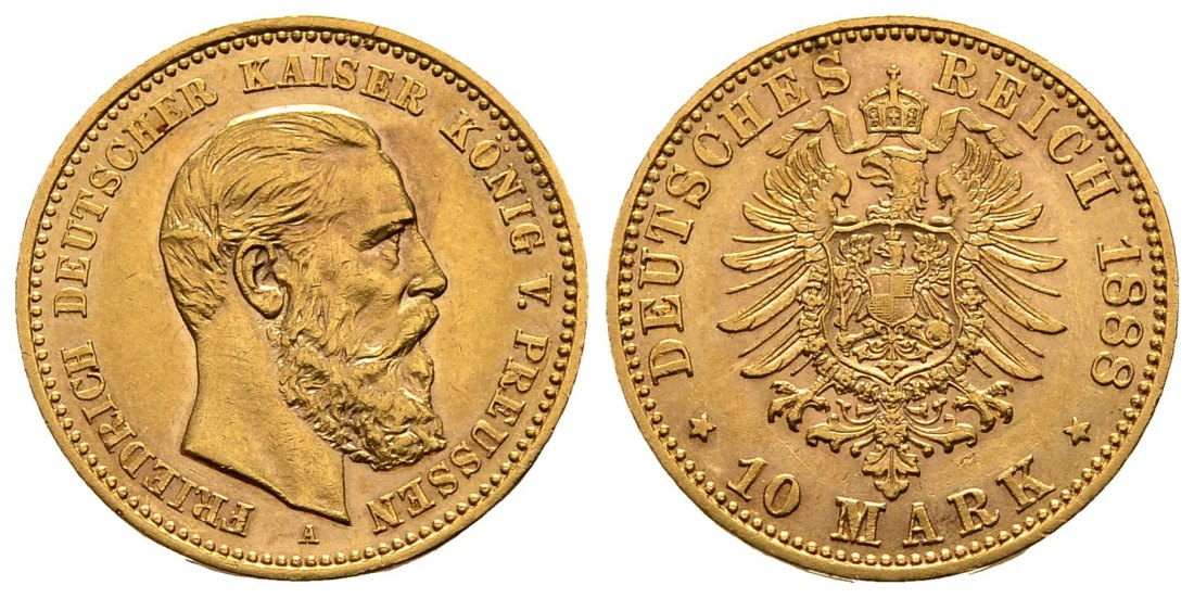 PEUS 2317 Kaiserreich - Preußen 3,58 g Feingold. Friedrich III. (09.03.- 15.06.1888) 10 Mark GOLD 1888 A Kl. Kratzer, Vorzüglich
