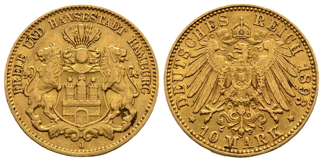 PEUS 2319 Kaiserreich - Hamburg 3,58 g Feingold. Stadtwappen - Großer Adler 10 Mark GOLD 1893 J Sehr schön