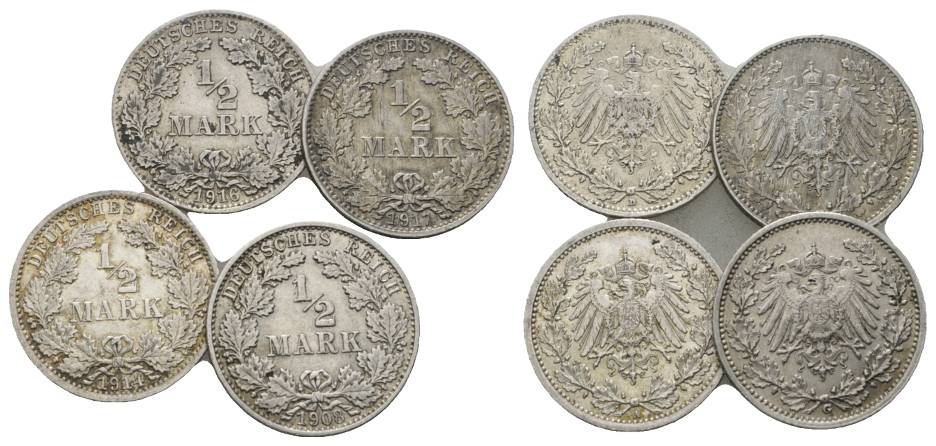  Kaiserreich, 4 x 1/2 Mark 1916/1917/1914/1908   