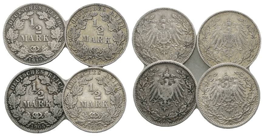  Kaiserreich, 4 x 1/2 Mark 1919/1909/1905/1913   