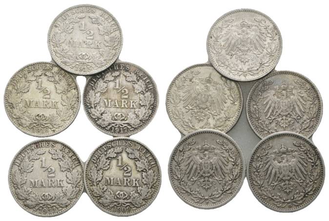  Kaiserreich, 5 x 1/2 Mark 1915/1916/1917/1911/1909   