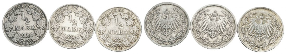  Kaiserreich, 3 x 1/2 Mark 1909/1914/1916   
