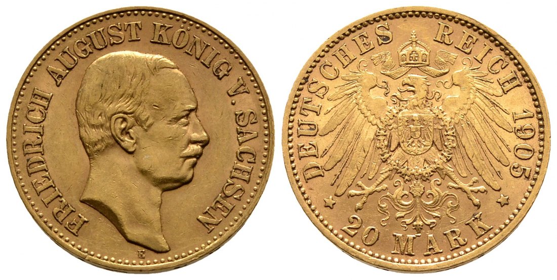 PEUS 2325 Sachsen - Kaiserreich 7,16 g Feingold. Friedrich August III. (1904 - 1918) 20 Mark GOLD 1905 E Muldenhüt Sehr schön