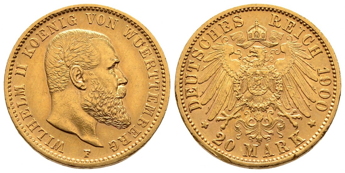 PEUS 2327 Kaiserreich - Württemberg 7,16 g Feingold. Wilhelm II. (1891 - 1918) 20 Mark GOLD 1900 F Kl. Randfehler, Sehr schön +