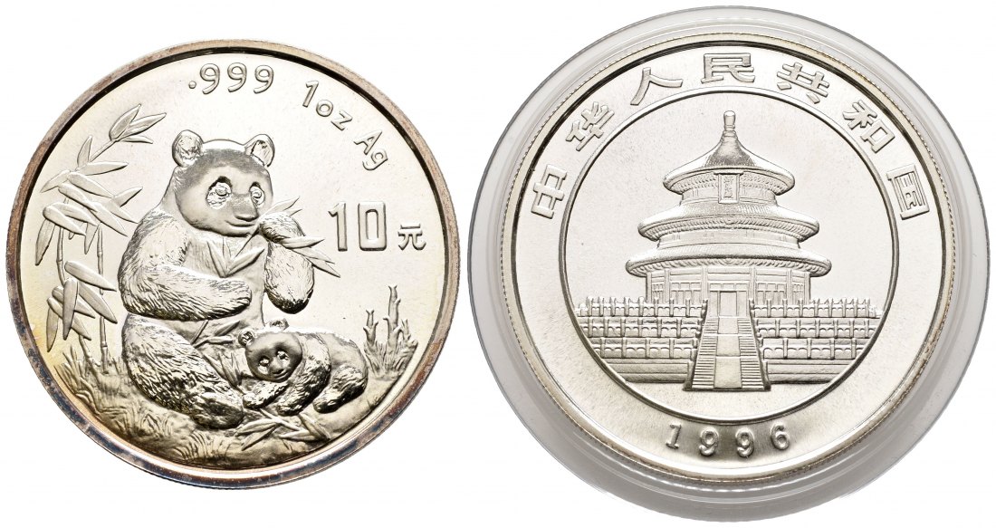 PEUS 107368 China Volksrepublik 31,1 g Feinsilber. Sitzende Pandamutter mit Kind 10 Yuan SILBER 1996 Uncirculated (in Kapsel)