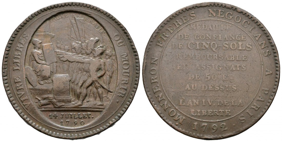 PEUS 100513 Frankreich 1. Republik, 1792-1804 Cu-Monneron zu 5 Sols 1792, an 4 Sehr schön
