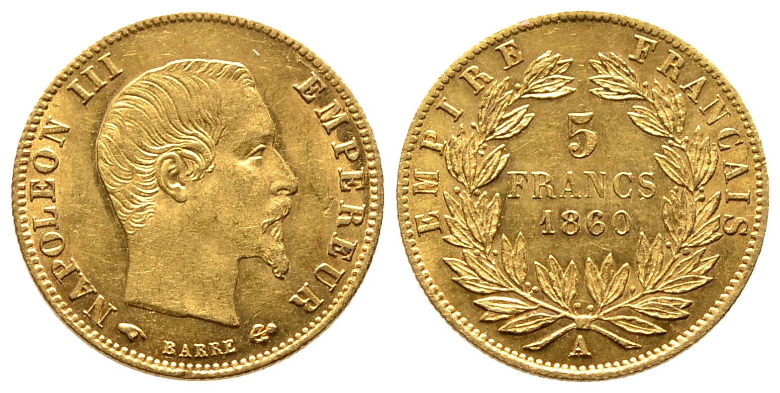 PEUS 108473 Frankreich 1,45 g Feingold. Napoleon III. (1852-1870) 5 Francs GOLD 1860 A Mzz. Hand Sehr schön / Vorzüglich