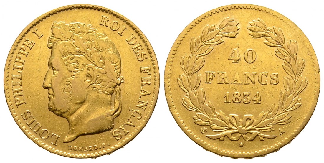 PEUS 109951 Frankreich 11,61 g Feingold. Louis Philippe I. (1830 - 1848) 40 Francs GOLD 1834 A Fast Sehr schön