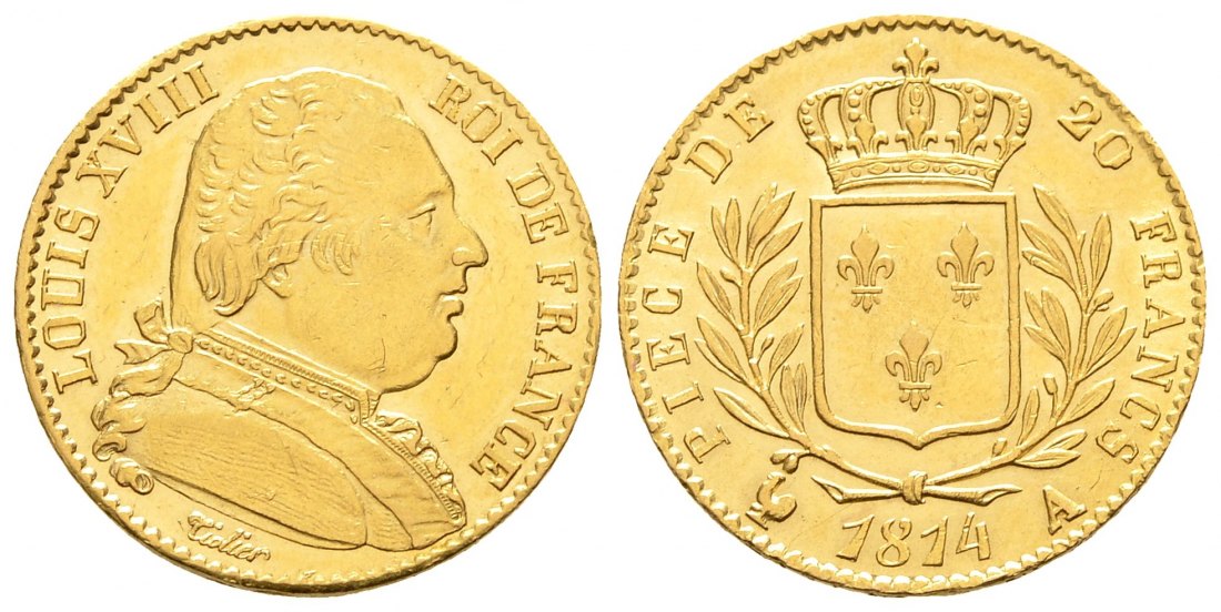 PEUS 109285 Frankreich 5,81 g Feingold. Paris. Ludwig XVIII. (1814 - 1824) 20 Francs GOLD 1814 A Kl. Kratzer, fast Vorzüglich