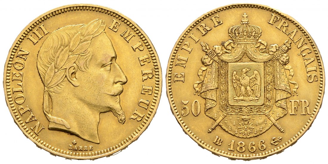 PEUS 108150 Frankreich 14,52 g Feingold. Napoleon III. (1852 - 1870) 50 Francs GOLD 1866 BB Straßbur Sehr schön +