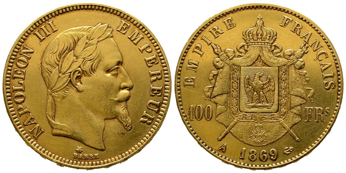 PEUS 108896 Frankreich 29,03 g Feingold. Napoleon III. (1852-1870) 100 Francs GOLD 1869 A Paris Sehr schön