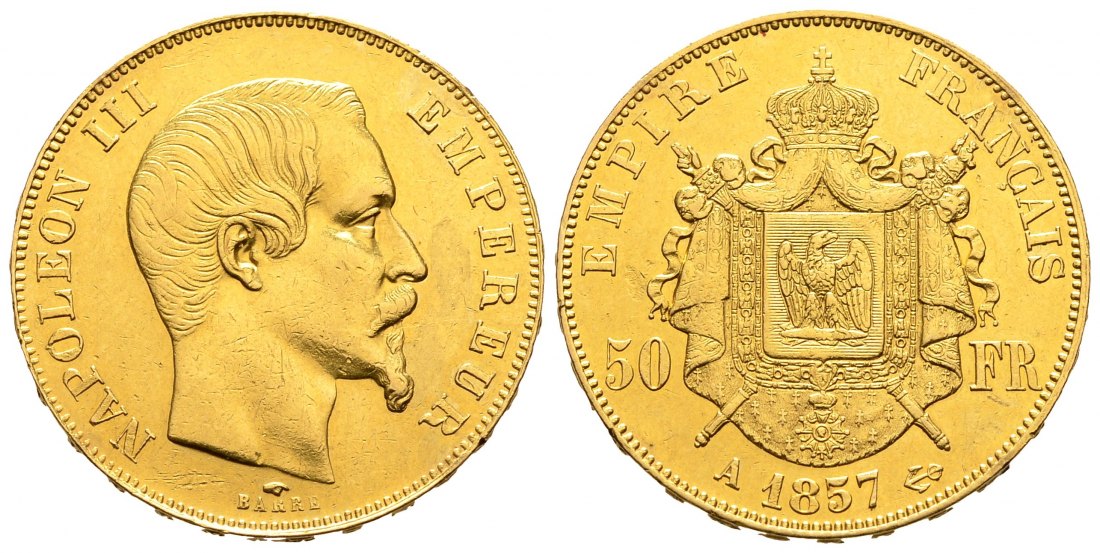 PEUS 108141 Frankreich 14,52 g Feingold. Napoleon III. (1852 - 1870) 50 Francs GOLD 1857 A Kl. Schrötlingsfehler, sehr schön