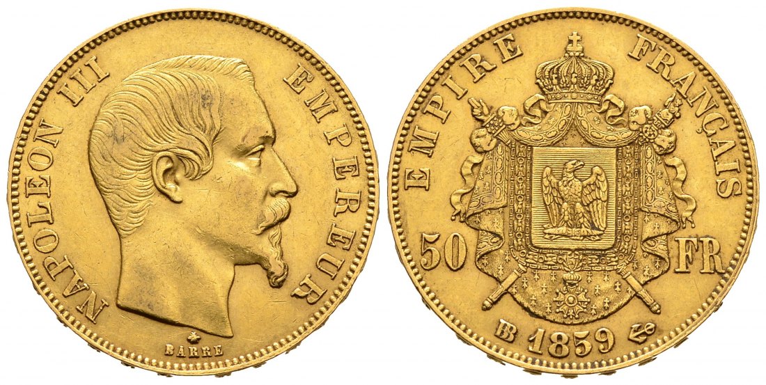 PEUS 108147 Frankreich 14,52 g Feingold. Napoleon III. (1852-1870) 50 Francs GOLD 1859 BB Straßbur Sehr schön +