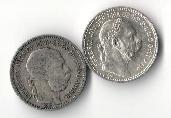  Österreich  2x 1 Krone  1893/1915   Franz Josef I.  FM-Frankfurt Feinsilber: 2x 4,18g   
