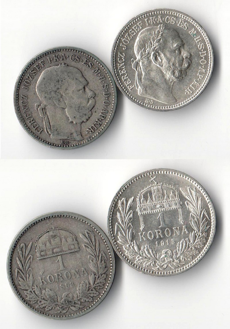 Österreich  2x 1 Krone  1893/1915   Franz Josef I.  FM-Frankfurt Feinsilber: 2x 4,18g   