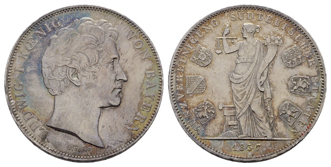  Linnartz Bayern Ludwig I. Geschichtsdoppeltaler 1837 Währungsunion Patina vz aus PP   