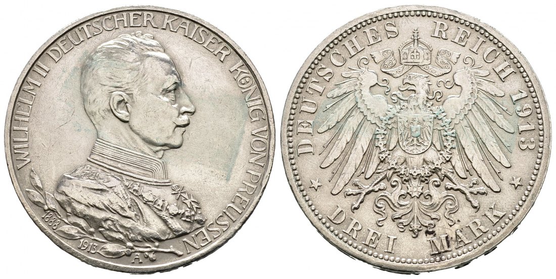 PEUS 2335 Preußen - Kaiserreich 25jähriges Regierungsjubiläum Wilhelm II. in Uniform 3 Mark 1913 A Leicht fleckig, Sehr schön / vorzüglich