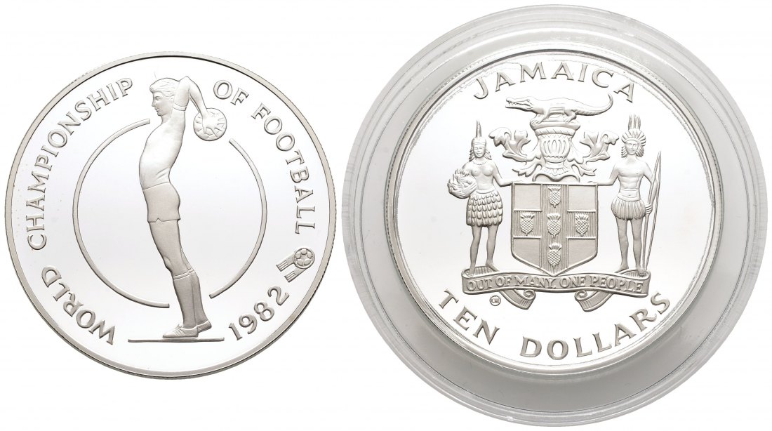 PEUS 2340 Jamaica 20,77 g Feinsilber. Fußball WM 1982 Spanien 10 Dollars SILBER 1982 Proof (in Kapsel)